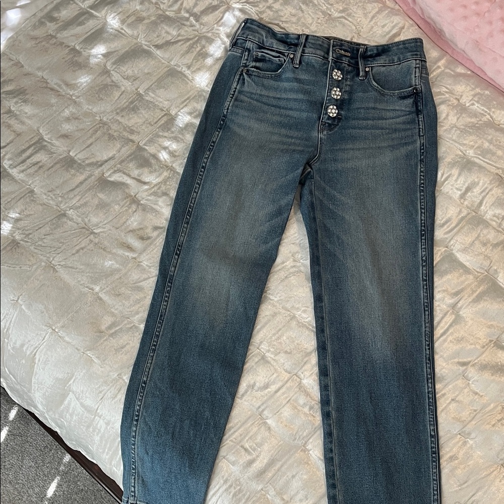 WHBM Classic Straight Leg Denim Jeans With Rhinestone Detail - Picture 2 of 6